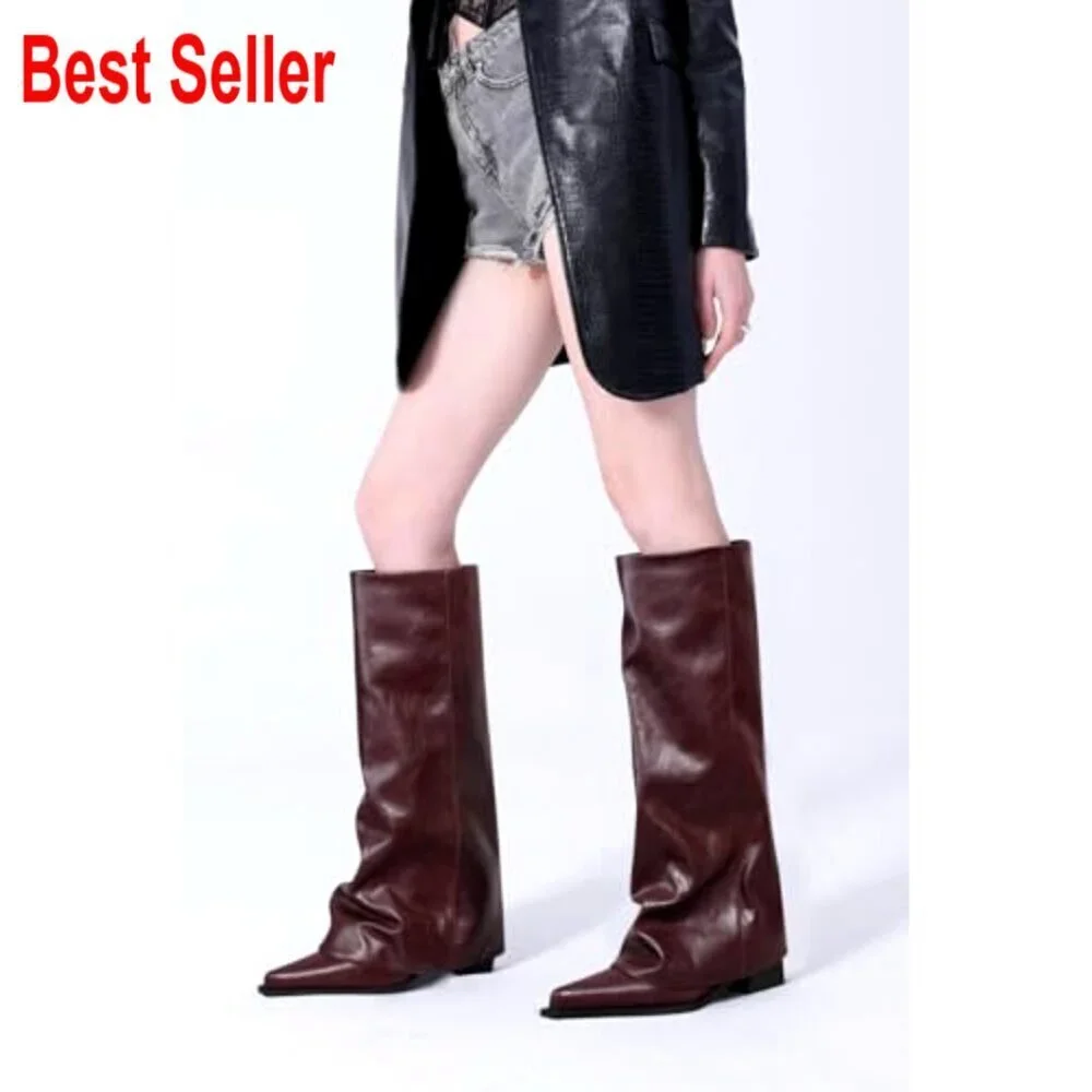 Faux Leather Over the Knee Boots with Chunky Heel and Pointed Toe